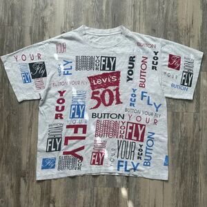 Vintage Levi's 501 Button Your Fly Test Sample All Over Print T Shirt Size L
